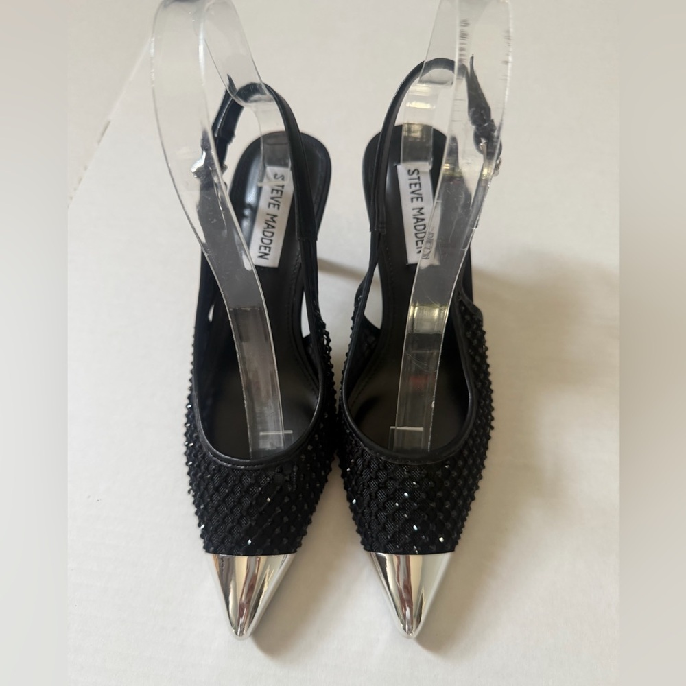 Steve Madden Black Sparkle Slingback Heels Silver Toe Glam